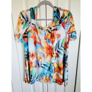 Sea & Anchor Xl Top Stretch Tunic Cold Shoulder SS Hibiscus Flowers Flowy Bright